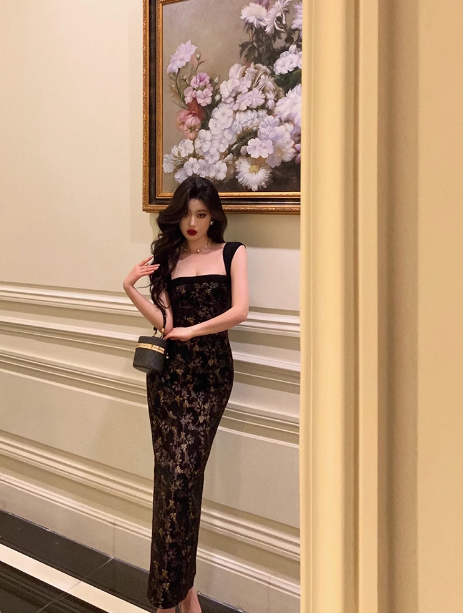 Elegant Sheath Square Neckline Black Floral Sleeveless 23rd Birthday Dress Party Gown Birthday Outfits Birthday Dress Ideas For Women DP1424