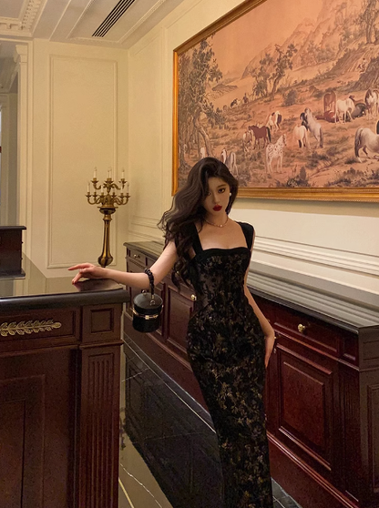 Elegant Sheath Square Neckline Black Floral Sleeveless 23rd Birthday Dress Party Gown Birthday Outfits Birthday Dress Ideas For Women DP1424