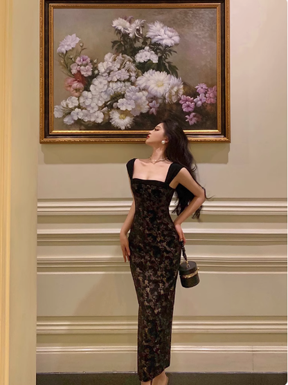 Elegant Sheath Square Neckline Black Floral Sleeveless 23rd Birthday Dress Party Gown Birthday Outfits Birthday Dress Ideas For Women DP1424