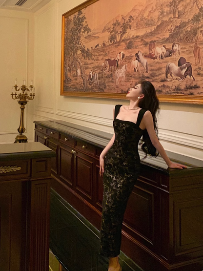 Elegant Sheath Square Neckline Black Floral Sleeveless 23rd Birthday Dress Party Gown Birthday Outfits Birthday Dress Ideas For Women DP1424