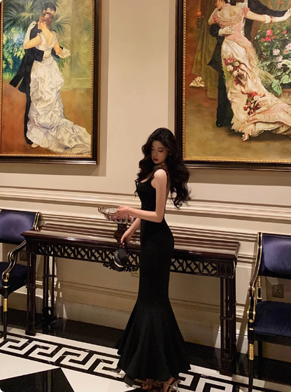 Elegant Mermaid Square Black Sleeveless 23rd Birthday Dress Party Gown Birthday Outfits Birthday Dress Ideas For Women DP1427