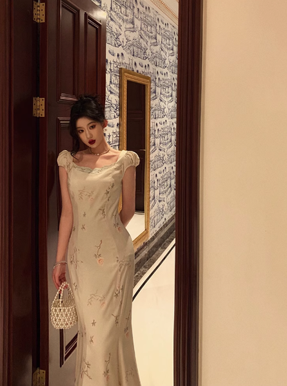 Elegant Mermaid Square White Floral Sleeveless 23rd Birthday Dress Party Gown Birthday Outfits Birthday Dress Ideas For Women DP1430