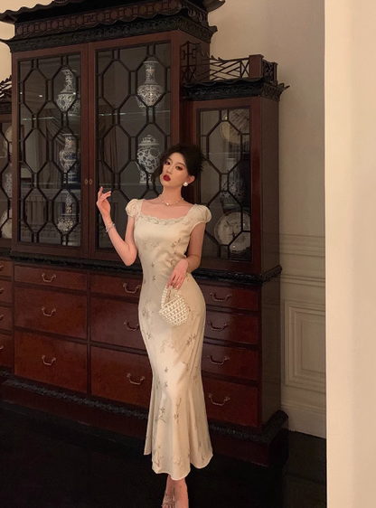 Elegant Mermaid Square White Floral Sleeveless 23rd Birthday Dress Party Gown Birthday Outfits Birthday Dress Ideas For Women DP1430