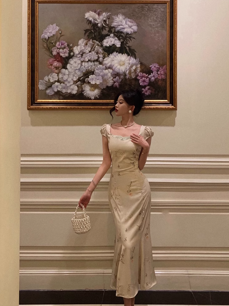 Elegant Mermaid Square White Floral Sleeveless 23rd Birthday Dress Party Gown Birthday Outfits Birthday Dress Ideas For Women DP1430