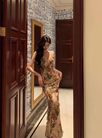 Elegant Sheath Spaghetti Straps Floral Chiffon Sleeveless 23rd Birthday Dress Party Gown Birthday Outfits Birthday Dress Ideas For Women DP1431