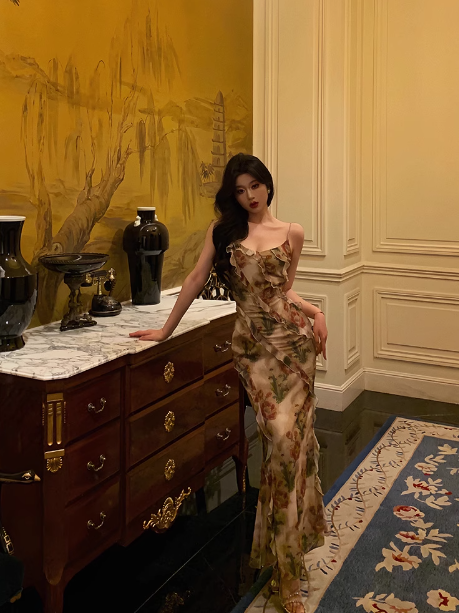 Elegant Sheath Spaghetti Straps Floral Chiffon Sleeveless 23rd Birthday Dress Party Gown Birthday Outfits Birthday Dress Ideas For Women DP1431