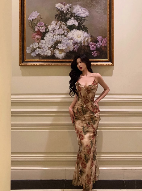 Elegant Sheath Spaghetti Straps Floral Chiffon Sleeveless 23rd Birthday Dress Party Gown Birthday Outfits Birthday Dress Ideas For Women DP1431