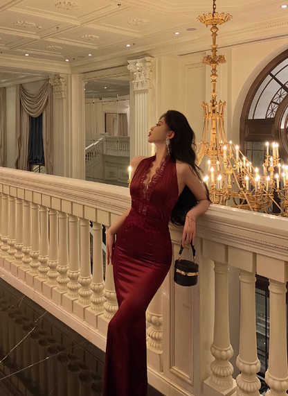 Elegant Mermaid Halter Burgundy 21st Birthday Dress Party Gown Birthday Outfits Birthday Dress Ideas For Women DP1443