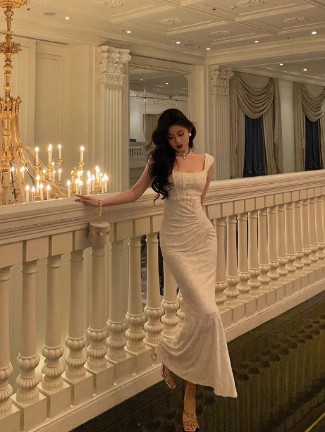 Elegant Mermaid Square White Lace 21st Birthday Dress Party Gown Birthday Outfits Birthday Dress Ideas For Women DP1444