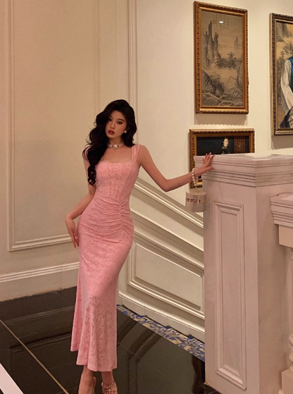 Elegant Mermaid Square Pink Lace 21st Birthday Dress Party Gown Birthday Outfits Birthday Dress Ideas For Women DP1445