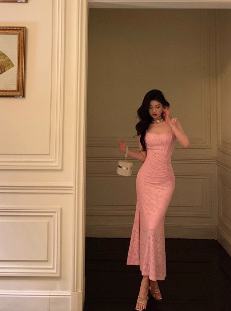 Elegant Mermaid Square Pink Lace 21st Birthday Dress Party Gown Birthday Outfits Birthday Dress Ideas For Women DP1445