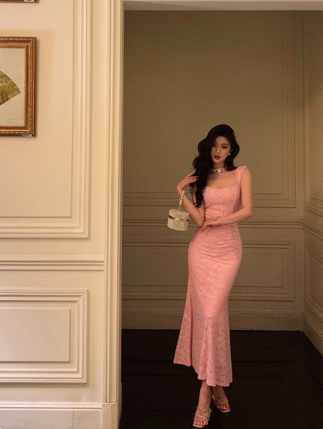 Elegant Mermaid Square Pink Lace 21st Birthday Dress Party Gown Birthday Outfits Birthday Dress Ideas For Women DP1445