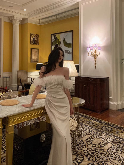 Elegant Mermaid Off The Shoulder White Satin 21st Birthday Dress Party Gown Birthday Outfits Birthday Dress Ideas For Women DP1447