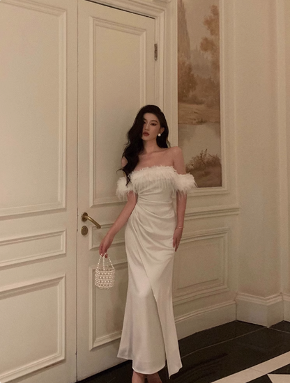 Elegant Mermaid Off The Shoulder White Satin 21st Birthday Dress Party Gown Birthday Outfits Birthday Dress Ideas For Women DP1447