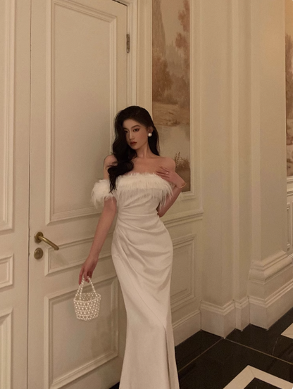 Elegant Mermaid Off The Shoulder White Satin 21st Birthday Dress Party Gown Birthday Outfits Birthday Dress Ideas For Women DP1447