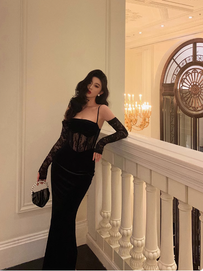 Elegant Mermaid Spaghetti Straps Black Lace 21st Birthday Dress Party Gown Birthday Outfits Birthday Dress Ideas For Women DP1451