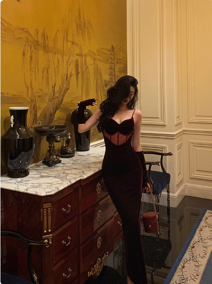 Elegant Mermaid Spaghetti Straps Burgundy Velvet 21st Birthday Dress Party Gown Birthday Outfits Birthday Dress Ideas For Women DP1454