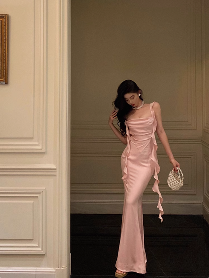 Elegant Mermaid Spaghetti Straps Pink Satin 21st Birthday Dress Party Gown Birthday Outfits Birthday Dress Ideas For Women DP1455