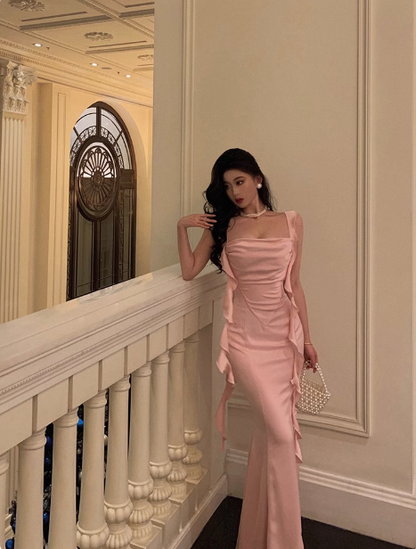 Elegant Mermaid Spaghetti Straps Pink Satin 21st Birthday Dress Party Gown Birthday Outfits Birthday Dress Ideas For Women DP1455