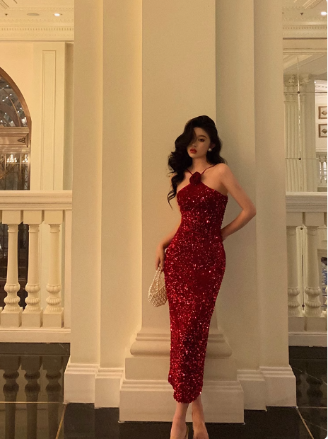 Sexy Mermaid Red Halter Sequin 21st Birthday Dress Party Gown Birthday Outfits Birthday Dress Ideas For Women DP1456