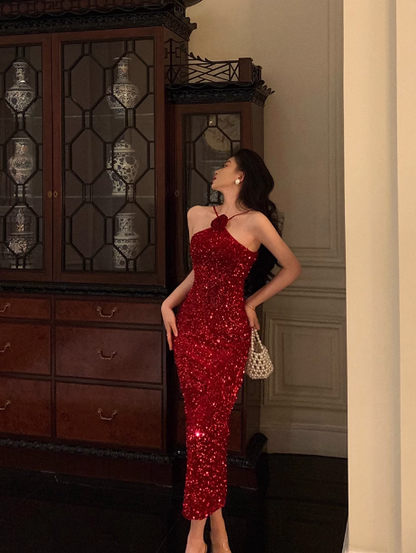 Sexy Mermaid Red Halter Sequin 21st Birthday Dress Party Gown Birthday Outfits Birthday Dress Ideas For Women DP1456