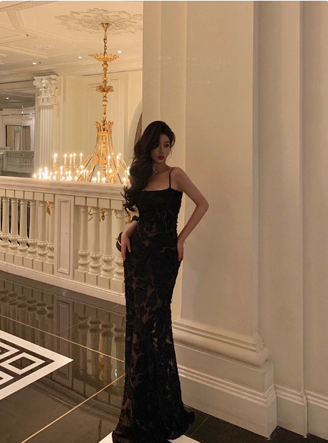 Elegant Mermaid Spaghetti Straps Lace Black 21st Birthday Dress Party Gown Birthday Outfits Birthday Dress Ideas For Women DP1459