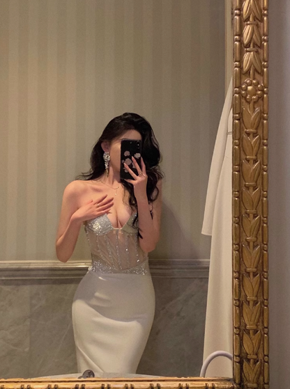 Sexy Mermaid Sweetheart White Beads Satin 21st Birthday Dress Party Gown Birthday Outfits Birthday Dress Ideas For Women DP1467