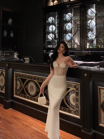 Sexy Mermaid Sweetheart White Beads Satin 21st Birthday Dress Party Gown Birthday Outfits Birthday Dress Ideas For Women DP1467