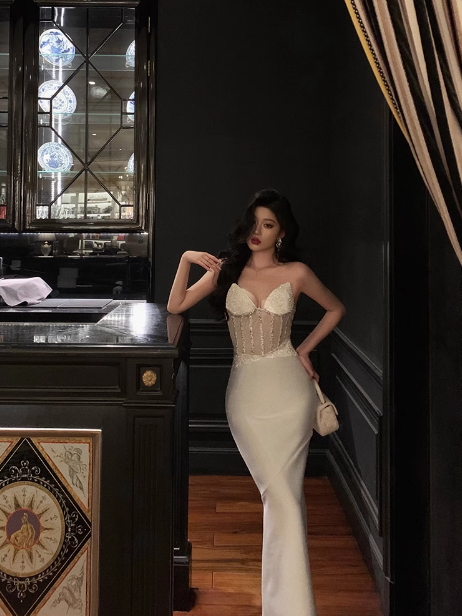 Sexy Mermaid Sweetheart White Beads Satin 21st Birthday Dress Party Gown Birthday Outfits Birthday Dress Ideas For Women DP1467