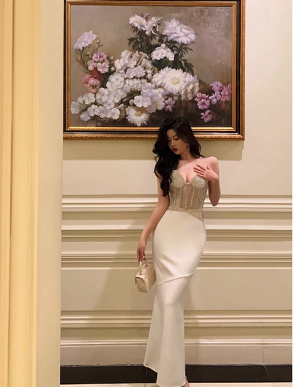 Sexy Mermaid Sweetheart White Beads Satin 21st Birthday Dress Party Gown Birthday Outfits Birthday Dress Ideas For Women DP1467