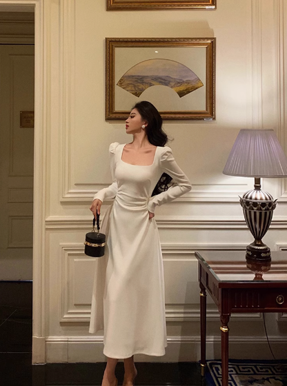 Elegant A Line Square Long Sleeves White 23rd Birthday Dress Party Gown Birthday Outfits Birthday Dress Ideas For Women DP1469