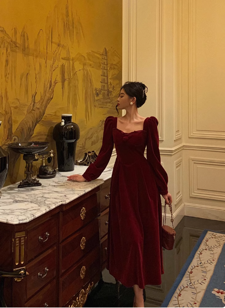 Elegant A Line Square Long Sleeves Burgundy 23rd Birthday Dress Party Gown Birthday Outfits Birthday Dress Ideas For Women DP1470