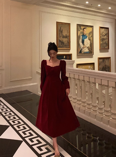 Elegant A Line Square Long Sleeves Burgundy 23rd Birthday Dress Party Gown Birthday Outfits Birthday Dress Ideas For Women DP1470