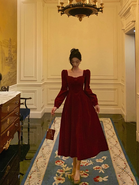 Elegant A Line Square Long Sleeves Burgundy 23rd Birthday Dress Party Gown Birthday Outfits Birthday Dress Ideas For Women DP1470