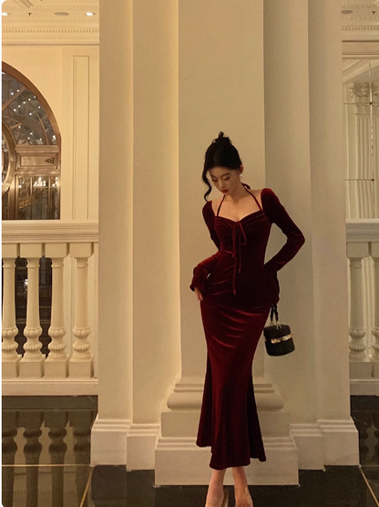 Elegant Mermaid Square Long Sleeves Burgundy 23rd Birthday Dress Party Gown Birthday Outfits Birthday Dress Ideas For Women DP1471