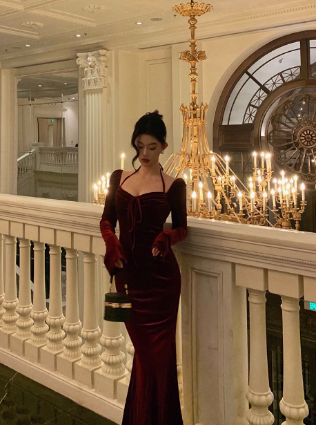 Elegant Mermaid Square Long Sleeves Burgundy 23rd Birthday Dress Party Gown Birthday Outfits Birthday Dress Ideas For Women DP1471