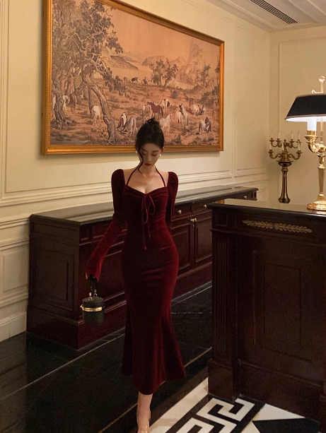 Elegant Mermaid Square Long Sleeves Burgundy 23rd Birthday Dress Party Gown Birthday Outfits Birthday Dress Ideas For Women DP1471