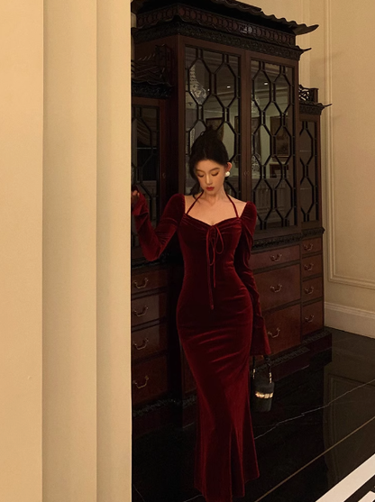 Elegant Mermaid Square Long Sleeves Burgundy 23rd Birthday Dress Party Gown Birthday Outfits Birthday Dress Ideas For Women DP1471