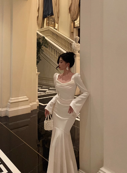 Modest Mermaid Long Sleeves White Satin 21st Birthday Dress Party Gown Birthday Outfits Birthday Dress Ideas For Women DP1472