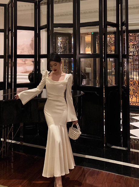 Modest Mermaid Long Sleeves White Satin 21st Birthday Dress Party Gown Birthday Outfits Birthday Dress Ideas For Women DP1472