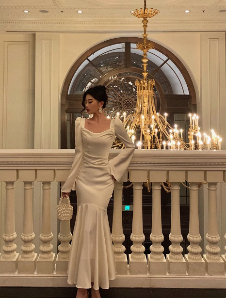 Modest Mermaid Long Sleeves White Satin 21st Birthday Dress Party Gown Birthday Outfits Birthday Dress Ideas For Women DP1472