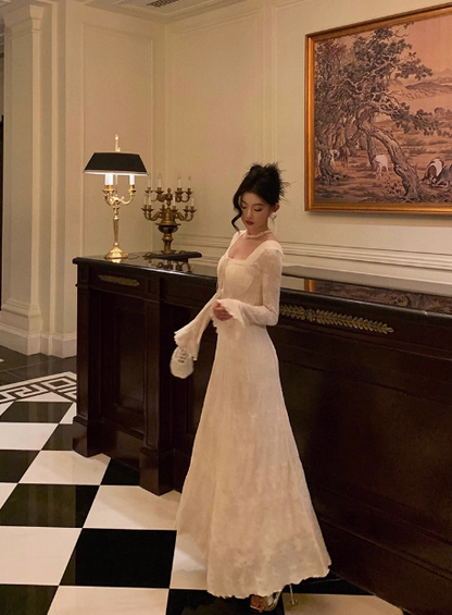 Modest A line Square Long Sleeves White Satin 21st Birthday Dress Party Gown Birthday Outfits Birthday Dress Ideas For Women DP1473