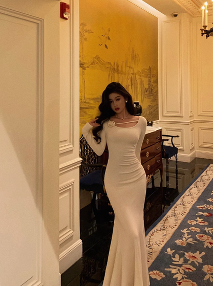 Sexy Mermaid Long Sleeves White Satin 21st Birthday Dress Party Gown Birthday Outfits Birthday Dress Ideas For Women DP1474