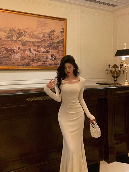 Sexy Mermaid Long Sleeves White Satin 21st Birthday Dress Party Gown Birthday Outfits Birthday Dress Ideas For Women DP1474