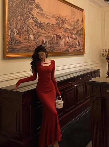 Sexy Mermaid Long Sleeves Red Satin 21st Birthday Dress Party Gown Birthday Outfits Birthday Dress Ideas For Women DP1475