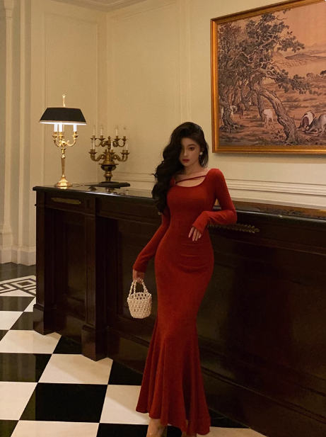 Sexy Mermaid Long Sleeves Red Satin 21st Birthday Dress Party Gown Birthday Outfits Birthday Dress Ideas For Women DP1475