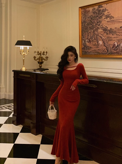 Sexy Mermaid Long Sleeves Red Satin 21st Birthday Dress Party Gown Birthday Outfits Birthday Dress Ideas For Women DP1475