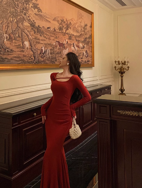 Sexy Mermaid Long Sleeves Red Satin 21st Birthday Dress Party Gown Birthday Outfits Birthday Dress Ideas For Women DP1475