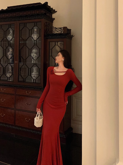 Sexy Mermaid Long Sleeves Red Satin 21st Birthday Dress Party Gown Birthday Outfits Birthday Dress Ideas For Women DP1475