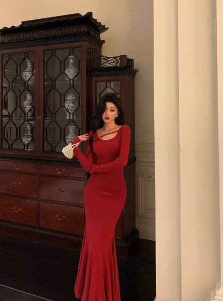 Sexy Mermaid Long Sleeves Red Satin 21st Birthday Dress Party Gown Birthday Outfits Birthday Dress Ideas For Women DP1475